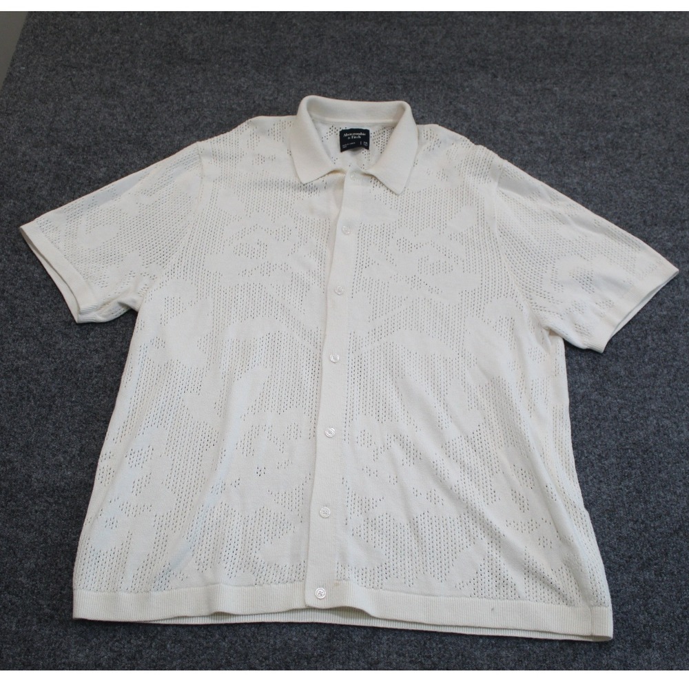 Abercrombie Fitch Mens Knit Polo Shirt Short Sleeve Textured Cream XXL Damaged‎